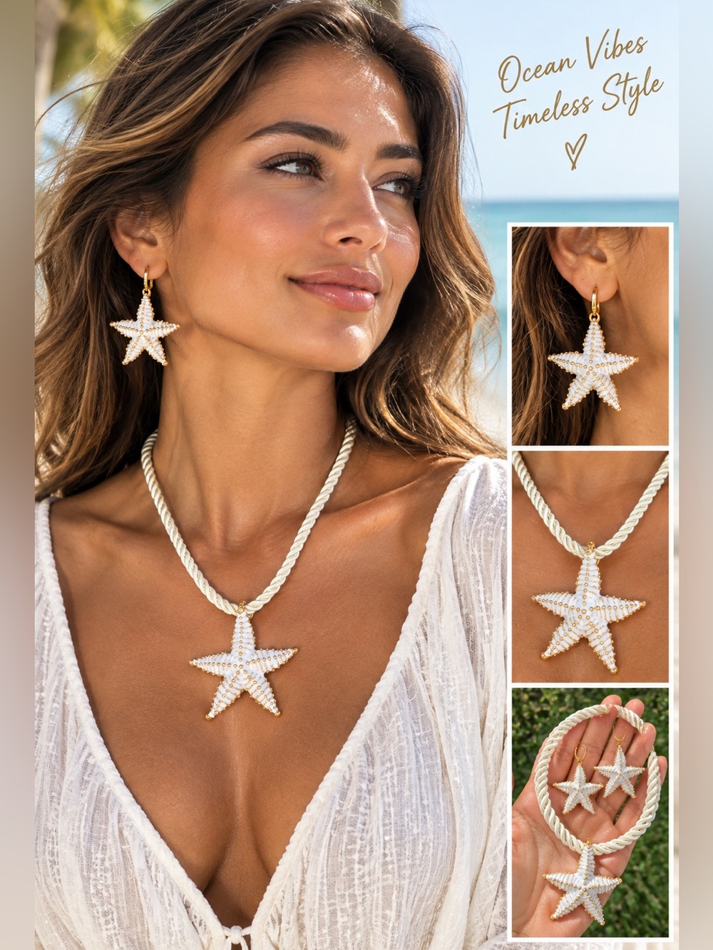 Starfish White & Gold Starfish Necklace and Earring Set